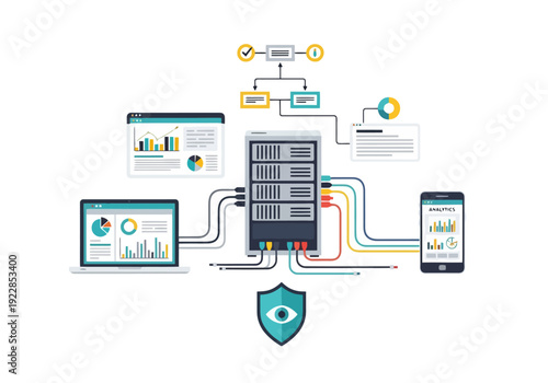 Modern Network Server With Connected Devices Analyzing Data And Network Security Protection Underneath