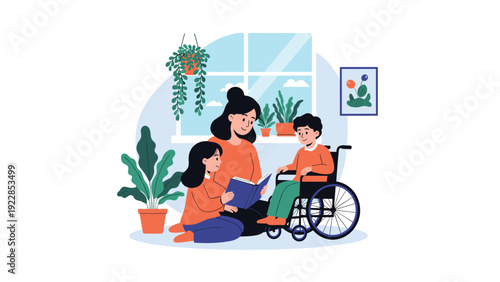 Supportive mother sits on the floor and reads a storybook to her daughter and son who is using a wheelchair in a cozy indoor setting.