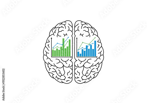 Human Brain Divided Showing Upward Trend Financial Data Analysis On White Background Represents Cognitive Function Business Growth