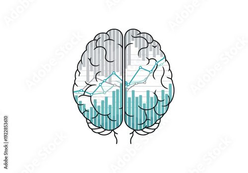 Conceptual depiction of a human brain with financial market charts and data analysis integrated into its hemispheres for business intelligence and