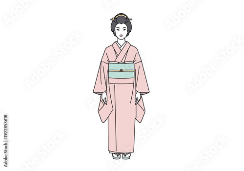 Traditional Japanese Woman Standing Full Body In Pink Kimono With Obi Illustration On White Background