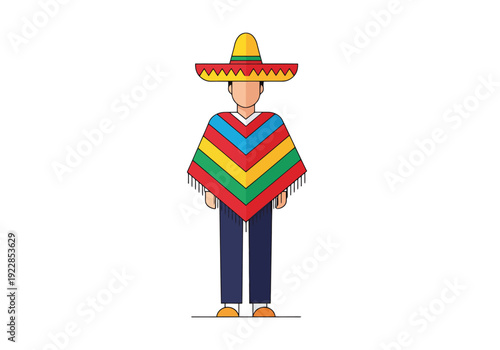 Man Wearing Traditional Sombrero Hat And Colorful Poncho Standing Isolated On White Background Flat Design
