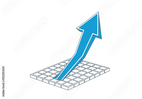Blue arrow sharply ascending out of a grid surface symbolizing upward progress and financial growth in business analysis visuals