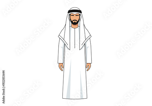 Traditional Arab man wearing white thobe and ghutra isolated on white background for cultural representation and heritage concept