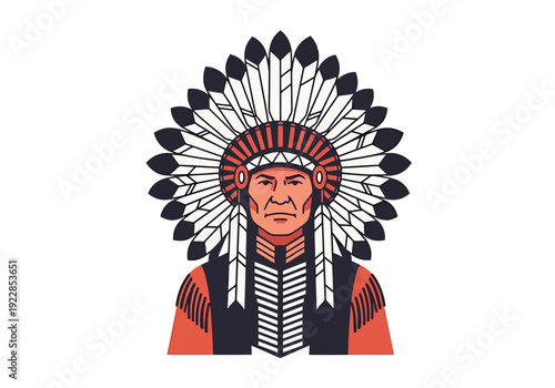 Indigenous man wears traditional feathered headdress detailed tribal regalia historical representation cultural adornment portrait headwear native