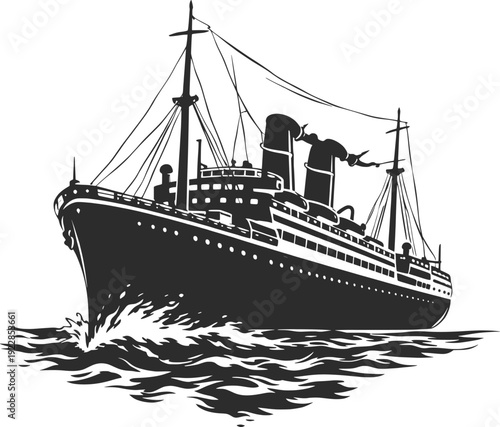 Vintage Ocean Liner Ship Silhouette Retro Maritime Vector Illustration.