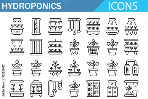 Sustainable Indoor Farming Icons – Hydroponics Equipment and Plants
