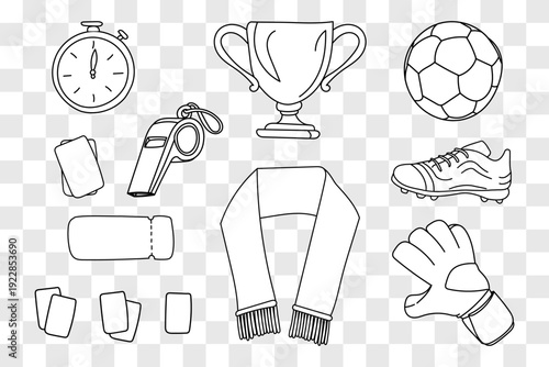 Soccer football hand drawn icon set. Ball, championship trophy cup, whistle, stopwatch, cleats shoe, goalkeeper glove, fan scarf, match ticket, referee cards. Sports line art illustration. Vector