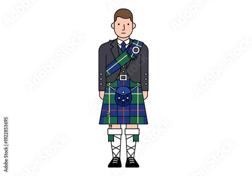 Man Wearing Traditional Scottish Kilt Outfit With Tartan Pattern And Formal Jacket For Cultural Event Or Celebration