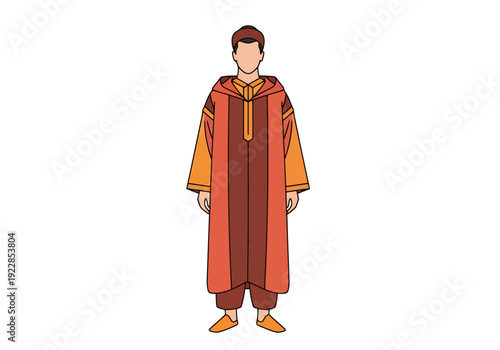 Traditional Ethnic Male Garment Flat Style Digital Art With Hood And Orange Accents Isolated On White Background