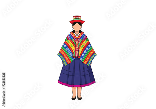 Young Woman Wearing Traditional Andean Colorful Textile Poncho Skirt and Hat With Ornate Pattern Detail Displayed Centered Isolated On White