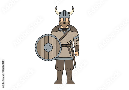 Standing Warrior Figure With Horned Helmet Holding Wooden Shield And Sword Ready For Battle On White Background