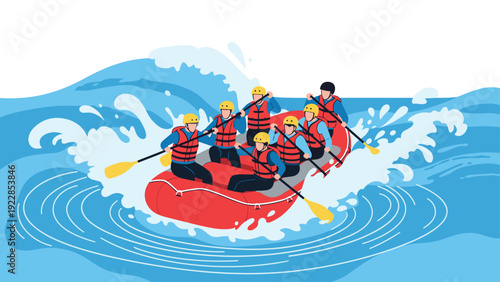 Energetic group of people in life jackets work together to navigate a red inflatable raft through crashing whitewater rapids.
