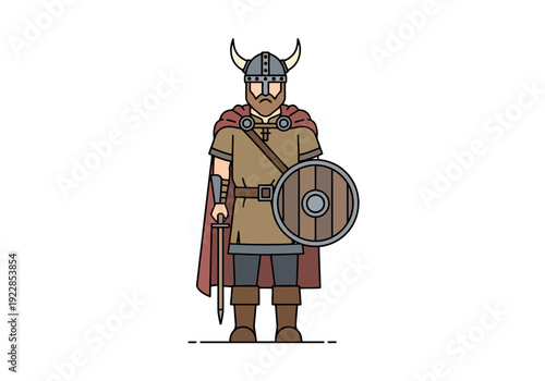 Historical Scandinavian Warrior Character Standing Ready With Sword Shield And Horned Helmet For Medieval Adventure Concepts