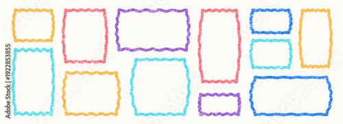 Crayon frame and text box in a square kindergarten border with kid text and highlight, through scribble line and underline. Organic wavy and curvy waves beside drawn amoeba bubbles, blobs
