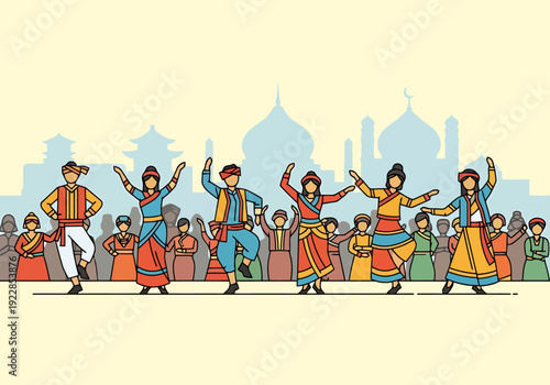 Diverse group performs traditional folk dance celebration with cultural attire and festive background celebrating community spirit and heritage in