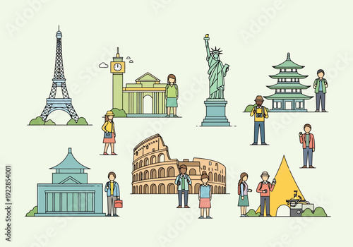 Global Travel Destinations Represented By Iconic Landmarks And Diverse People Exploring The World On A Light Background