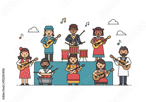 Multicultural group of diverse people playing various stringed and percussion instruments together in an outdoor performance