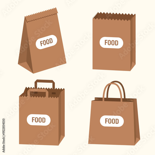 set of empty paper shopping bags for markets. brown kraft food takeaway and grocery packaging vector collection isolated