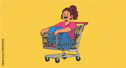 Vector graphic of happy lady riding shopping trolley on yellow background depicting excitement and convenience in retail experience for promotional illustrations