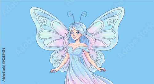 Magical cartoon fairy with butterfly wings on blue background representing fantasy and enchantment in vector illustration for fairy tale and imagination themes