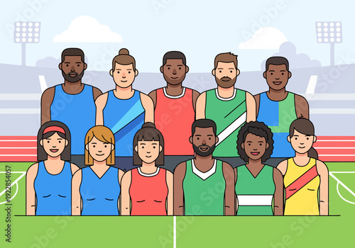 Diverse Group Of Athletes Standing Together Representing Team Spirit And Athleticism On A Sports Field With Stadium Lights In Background