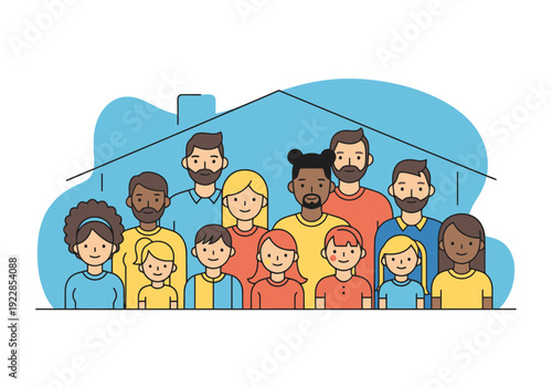 Diverse multigenerational family gathered together happily under a roof symbolizing home and community relationships and unity