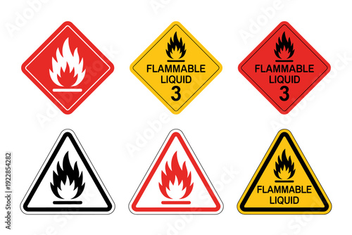 Flammable liquid warning signs and symbols for safety and hazard identification purposes