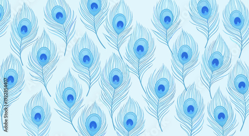 Blue peacock feathers pattern on light blue background for decorative design