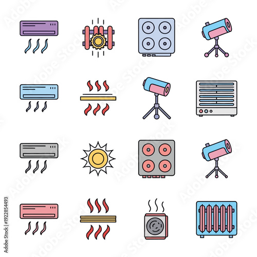 heating and heaters icon set. water and home comfort hvac electric radiator fan space heater vector collection