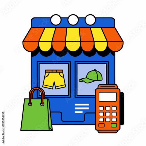 Colorful cartoon illustration of a storefront with payment terminal and shopping bag