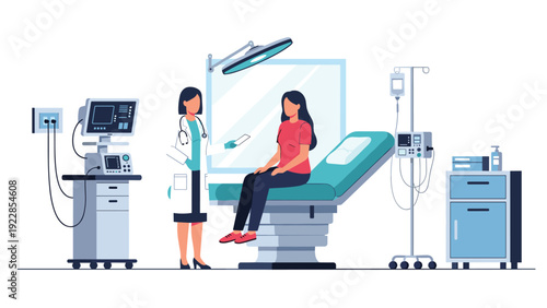 Female doctor in white coat consults with young woman patient sitting on medical examination table in clinical hospital setting.