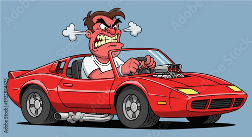Angry man with steam ears driving red muscle car representing explosive temper in illustration for automotive and psychology concepts
