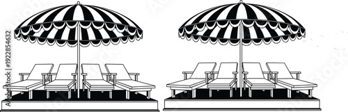 Black and white illustration of beach lounge chairs under a large striped umbrella for summer vacation resort relaxation and luxury travel