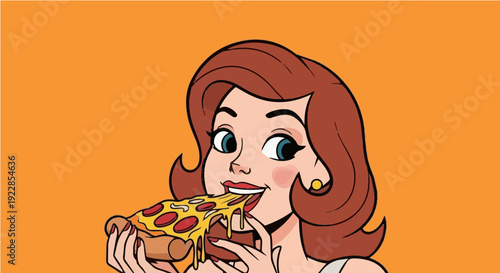Smiling retro woman biting into sandwich on orange backdrop symbolizing enjoyment and casual dining in stock graphic for culinary concepts