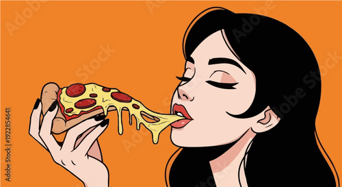 Cartoon woman enjoying cheesy pizza slice on orange background representing indulgence and satisfaction in vector illustration for food and pleasure themes