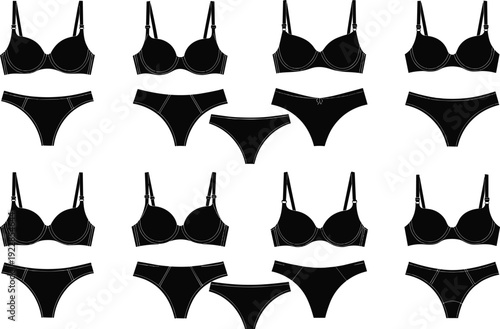 Women’s lingerie set collection vector illustration, black bra and panties flat silhouette icons isolated on white background for underwear design catalog