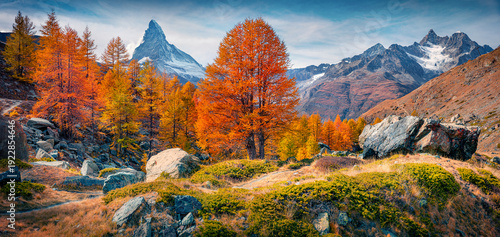 Panoramic morning view of outskirts of Grindjisee lake with Matterhorn (Cervino) peak on background. Colorful autumn scene of Swiss Alps, Zermatt resort location, Switzerland, Europe.
