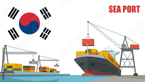 South Korean sea port with cargo ships and cranes loading containers
