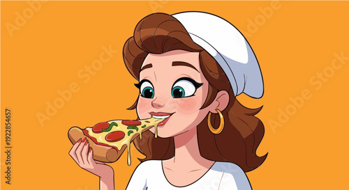 Cute nurse chef eating pizza slice on orange background depicting fun and relaxation in cartoon vector for healthcare and food themes