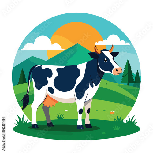 Farm Animal Dairy Cow in a Green Pasture Landscape with Mountains and Sunrise Presenting Rural Livestock and Agriculture Environment