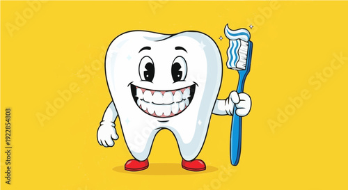 Smiling cartoon tooth with toothbrush on yellow background representing oral care and freshness in vector graphic for dentistry concepts