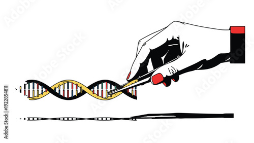Medical researcher hand using silver tweezers to manipulate and edit genetic code on a colorful dna double helix structure model.