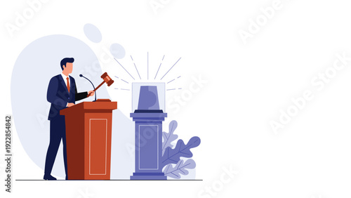 Auctioneer in formal suit standing at wooden podium holding a wooden gavel and selling a rare valuable item under glass display.