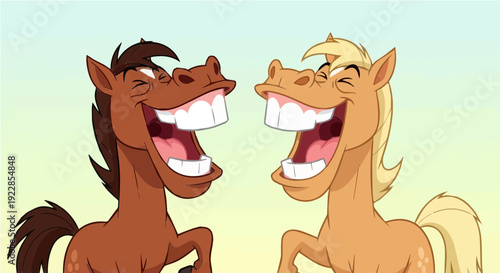 Two cartoon horses laughing hysterically on blue background symbolizing humor and friendship in illustration for animal and comedy themes