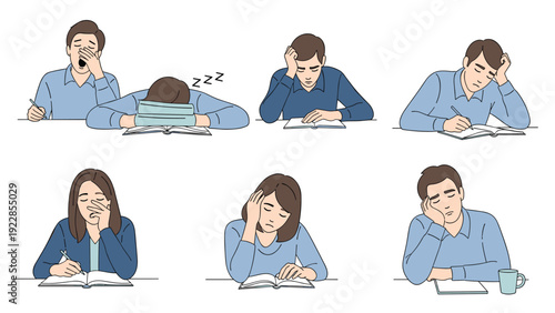Collection of male and female students showing various signs of fatigue and boredom while studying with books at their desks.