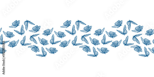 Butterflies seamless horizontal border. Hand drawn monochrome illustration in line art style. Vector clip art for wrapping paper, textiles and abstract backgrounds.