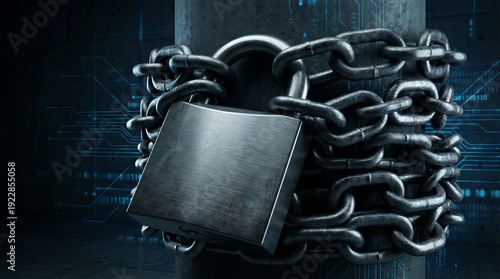 Locked chains wrapped around a metallic padlock on a dark industrial pillar, viewed from the front