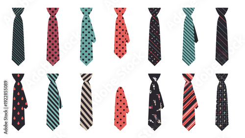 Variety of colorful men neckties featuring different patterns like stripes polka dots and novelty prints on a plain background.