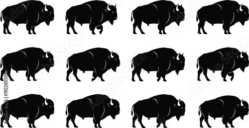 American bison buffalo silhouette set walking standing wildlife animal collection isolated black vector illustration icons for design and branding